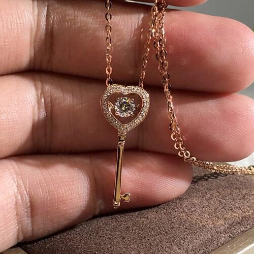 18K Rose Gold Women Pendants Necklaces Moissanite Diamond 0.2 0.5 1 Carat Heart Key Gift Wedding Anniversary Engagement Party
