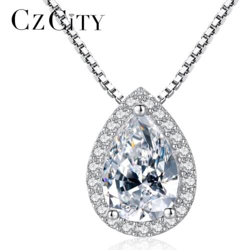 CZCITY Brand Luxury Cubic Zirconia Women Chain Silver Pendant Necklace for Women Classic CZ Water Drop Type Statement Necklace