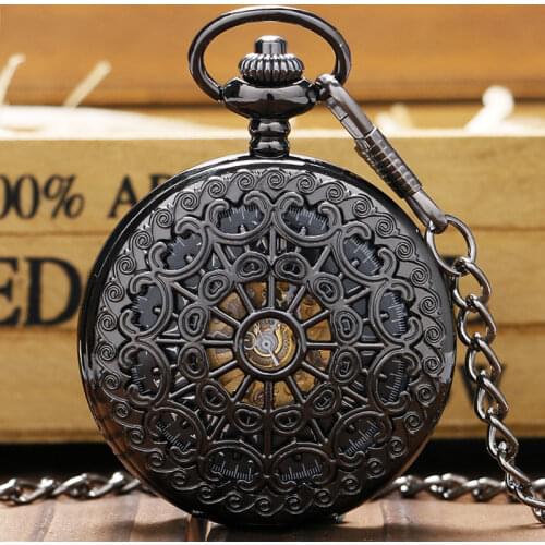 Stylish Hollow Steel Black Mechanical Pocket Watches Men Women Luxury Hand Winding Watch Pendant Clock with FOB Chain Gift Bag