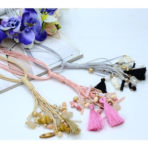 Hot Selling Tassels Fashion Statement Necklaces Beige Pink Grey Rope Long Neck Women Ethnic Jewelry Female Bijoux N15564