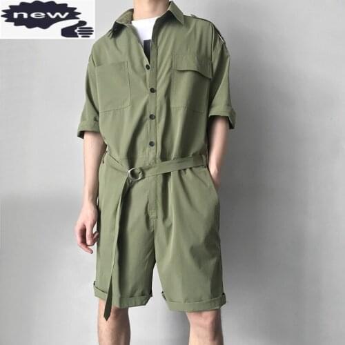 New Arrival Short Sleeve Jumpsuits Vintage Single Breasted Pocket Male Playsuits Casual Loose Fit Overalls For Man