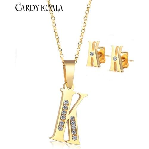 Simple fashion letter K diamond-studded titanium steel jewelry set earrings necklace gold-plated childrens letter earrings firs