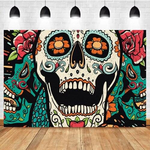 Laeacco Mexican Day Of The Dead Festival Colorful Flowers Skull Photography Background Photographic Backdrop For Photo Studio