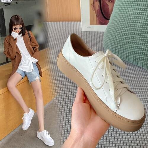 Women Shoes Natural Genuine Leather Flat Platform Shoes Round Toe Sneakers Shoes Fashion Lace Up Ladies Footwear White