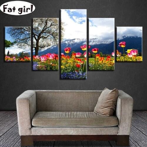 DIY Diamond painting Snow mountain flowers and trees 5 Piece Square/Round Embroidery Multi Panel Natural scenery Cross Stitch
