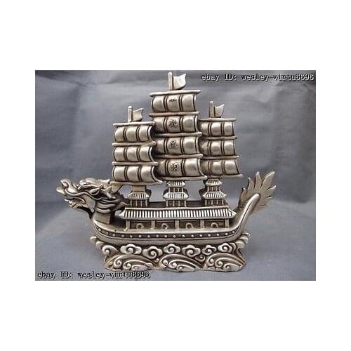 Stick Garden Decoration Tibetan silver Pure 10 Chinese White Copper Silver Fengshui Lucky Wealth Dragon Boat Sailboat Statue