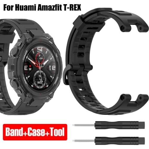 Rubber Watch Band + TPU Shockproof Case Cover for Huami Amazfit T-Rex Silicone Watchband Replacement for Amazfit T Rex Bracelet