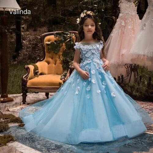 Blue Pageant Dress for Girls Wedding Birthday Formal Party Wear Kids Couture Children Clothing