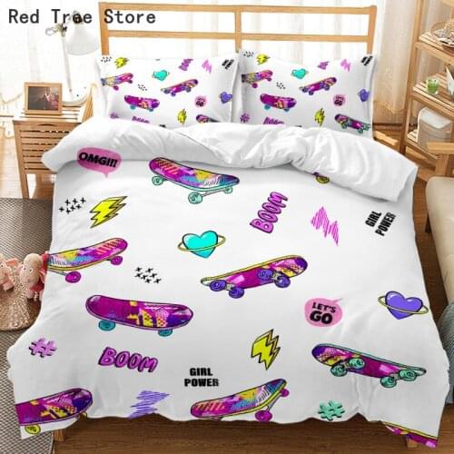 Skating Sports Theme Bedding Set 3D Colorful Skateboard Pattern Comforter Cover Sets White Microfiber Kid Teens Youngs Full Size