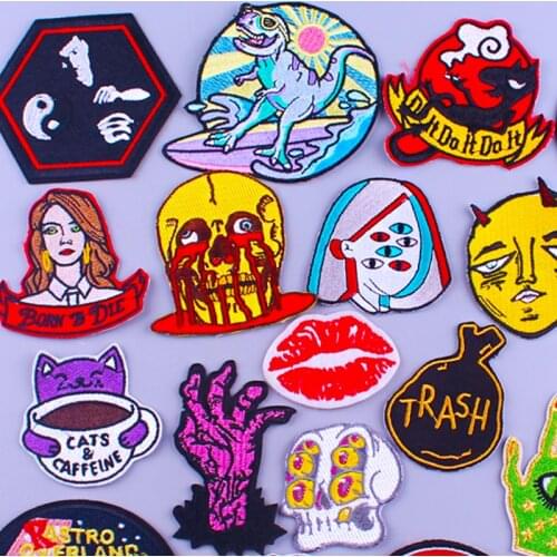 Pulaqi Hippie Skull Iron On Patches For Clothing Cartoon Patches On Clothes T-shirt Applique Punk Embroidered Patch Stripe DIY