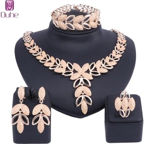 OUHE Nigerian Leaf Bridal Brand Jewelry Set Wholesale Dubai Gold Color Jewelry Set Women Customer Fashion African Beads Jewelry