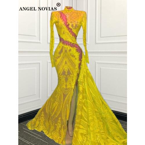 Long Sleeves Lace Prom Dresses 2021 High Neck Backless African Black Girl Green Evening Party Graduation Dress