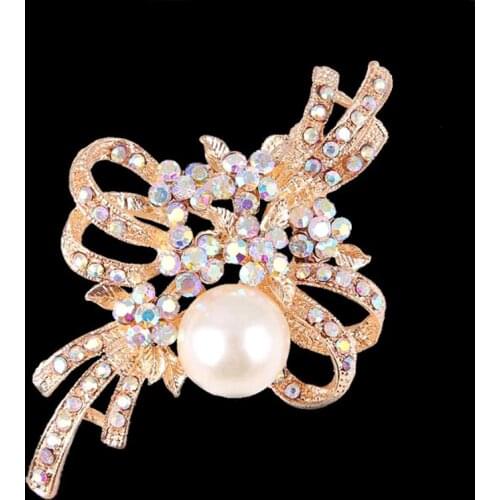 Amazing Gold Color Alloy Faux Pearl Women Wedding Brooch High Quality Crystals Lady Scarf Pin For Party