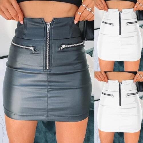 FNOCE 2020 women skirt faux leather sexy nightclub fashion solid high waist front zipper tight slim bag hip all-match mini skirt