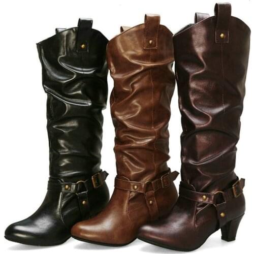 New Retro Female Western Boots Fashion Buckle Folding Decoration Ladies Boots Black Brown Loose Put on Autumn Winter Women Boots