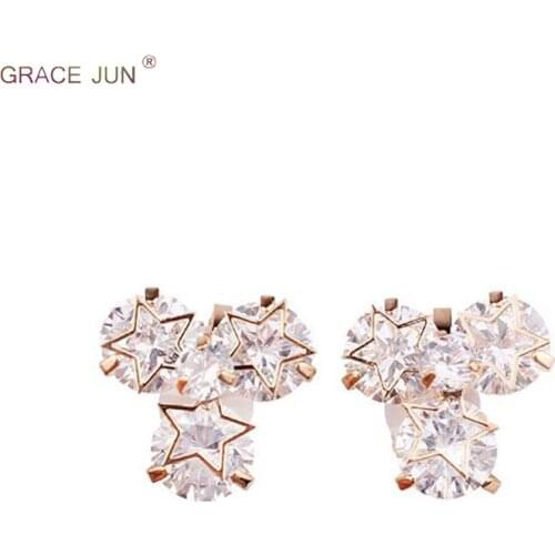 GRACE JUN Top Quality AAA Cubic Zircon Star Clip on Earrings No Pierced for Women Fashion Bridemaid Needn't Ear Hole Earrings