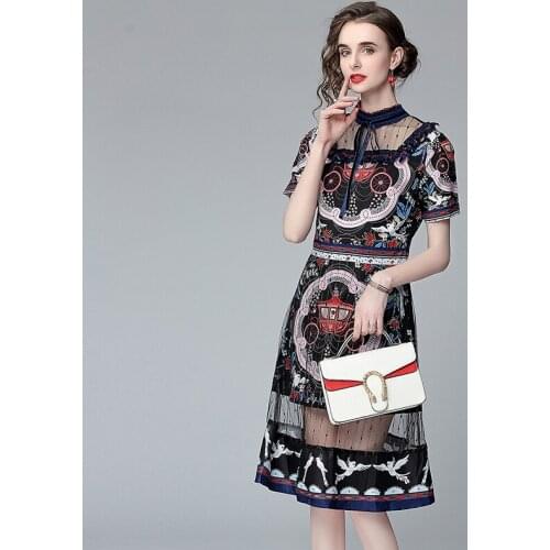 Womens Summer Prom Dress French Retro Stand-up Collar Mesh Stitching Lace Bow Dress New Waist Female Dresses X196