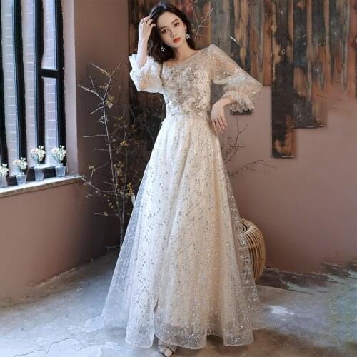 Sequins Evening Dress Elegant Half Sleeves Zipper Back A-Line O-Neck Floor-Length Champagne New Woman Formal Party Gowns A1425