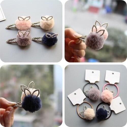 15pcs/lot New Pom Pom Rabbit Ears BB Clips Children Hair Rope Hairpins Fashion Hair Accessories For Girl Crystal Hair Ornaments