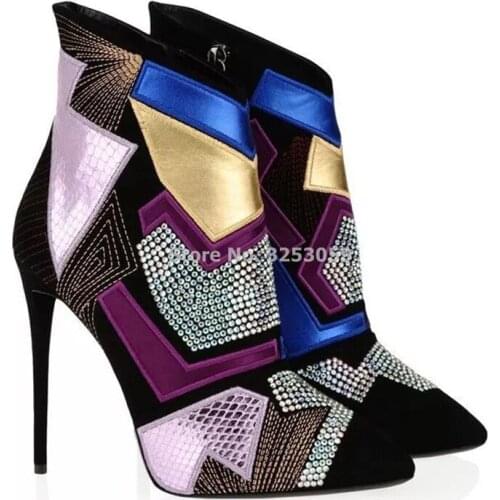 ALMUDENA Top Brand Multi-color Bling Bling Crystal Ankle Boots Colorized Stitch Embroidery Patchwork Short Boots Gladiator Boots