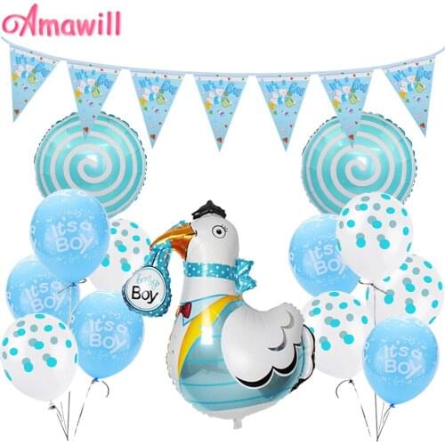 Amawill Baby Shower Boy Chick Lollipop Foil Balloon Its A Boy/Girl Latex Globos Paper Pennant For Christening Baptism Decor 7D