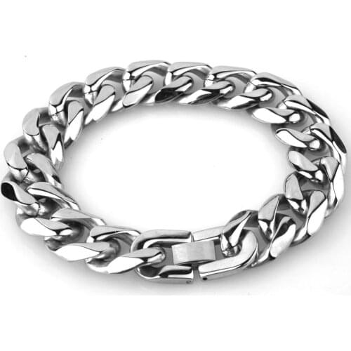 15mm Wide Punk Tone Cut Curb Cuban Link Rombo Chain For Mens Boys Women Silver Color 316L Stainless Steel Bracelet
