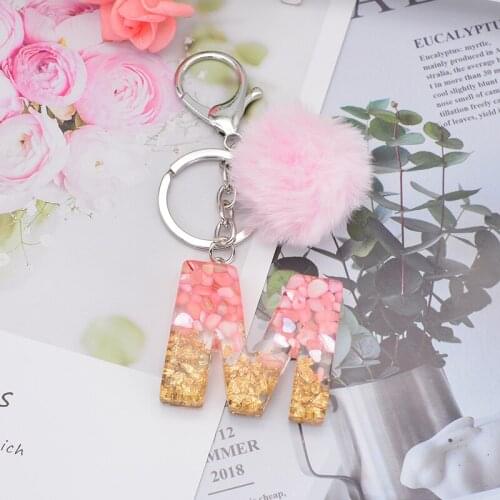 New Fur Pompom Gold Pink Gradient Letter Keychain English Alphabet Keyring with Plush Ball Glitter Resin Car Handbag Charms Gift