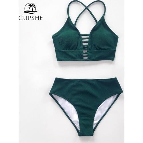 CUPSHE Solid Green Lace Up Bikini Sets Sexy Cut Out Swimsuit Two Pieces Swimwear Women 2021 New Beach Bathing Suits