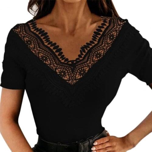 Embroider T-shirt Women Fashion Embroidery Lace Hollow Patchwork Casual Tunic Tops Club V Neck Short Sleeves Slim T-shirt 2021