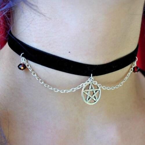 Pentagram choker necklace,bead collar,witch choker,wiccan pentagram charm,magic symbol choker,lace gothic choker