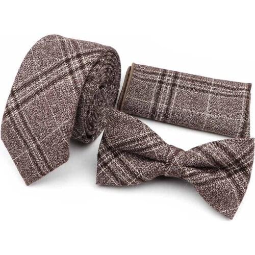 100% Cotton Nice Tie Set Striped Plaid Brown Gray Green Mens Necktie Bow Tie Handkerchief Fashion Classic Accessory Gift Vintage