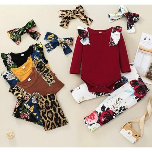 Newborn Baby Girl Clothes Sets 2021 Autumn Fashion Floral Flying Sleeve Romper + Trousers + Turban 3PCS Cute Girls Clothing