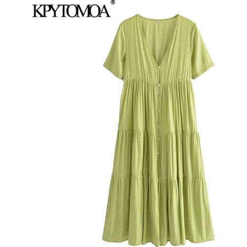 KPYTOMOA Women 2021 Fashion With Buttons Pleated Midi Dress Vintage V Neck Short Sleeve Female Dresses Vestidos Mujer