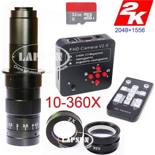 Lapsun 10X - 360X Zoom Lens 21.0MP HD Industrial Lab Microscope Camera 2K @30FPS HDMI 1080P @60FPS USB Output + 32GB TF Card