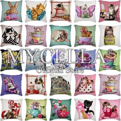 Animals Illustration Printed Cushion Cover Decorative Pillow Rabbit cat dog teacup Home Decoration Pillow Almofadas Para Sofa