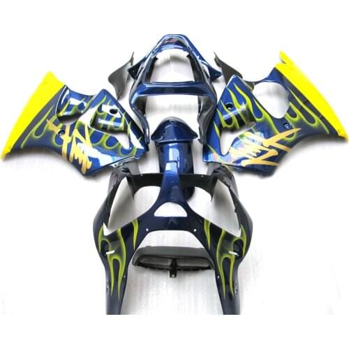 Hot Sale Injection Motorcycle Parts for Kawasaki Ninja ZX6R fairing kit 2000 2001 2002 yellow flames blue set zx6r 00 01 02 YH52