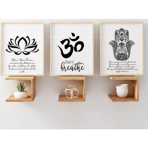 Spiritual Gift Art Prints, Yoga Wall Art, Ensemble de 3 estampes, Cadeau de méditation, Fleur de Lotus, Affiche Om, Hamsa Hand