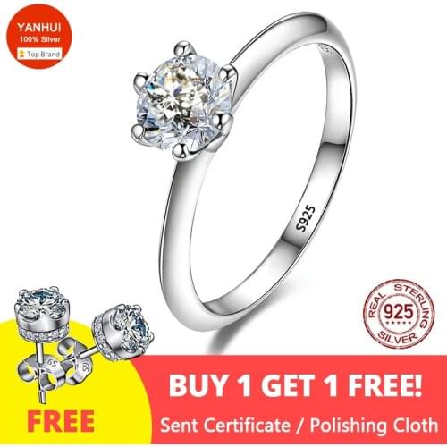 With Certificate 18K White Gold Solitaire 1 Carat Engagement Wedding Bands Original 925 Sterling Silver Ring Women Gift Jewelry