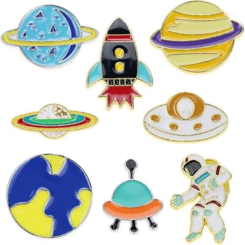 Escape from the Earth!UFO Space Craft Astronaut Rocket Planet Spaceman Universe Stars Hard Enamel Brooches Pin for Xmas Gift