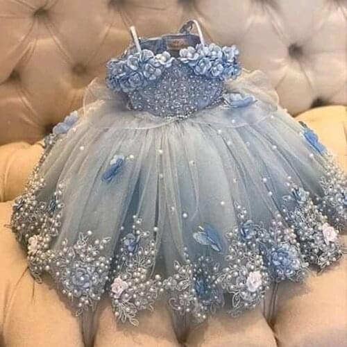 Light Sky Blue Pearls Girls Pageant Dresses Appliqued Beaded Flower Girl Dress For Weddings Children Princess Birthday Gowns