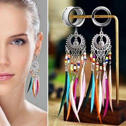 1Pair Stainless Steel Ear Plug Bohemian Dangle Feather Ear Flesh Tunnel Plug Ear Gauges Body Piercing Extension Expander4-25mm