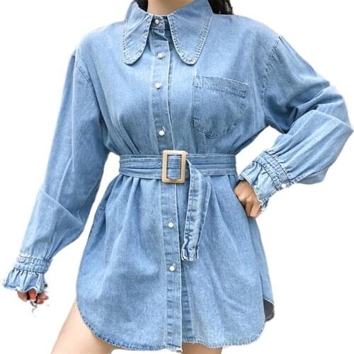 DANCING WINGS Spring Womens Casual Long Sleeve Ring Belt Denim Shirt Lapel