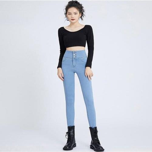 2021 Spring Autumn Women Jeans High Waisted Button Skinny Streetwear Pencil Pants Korean Fashion Lift Hip Stretch Denim Trousers