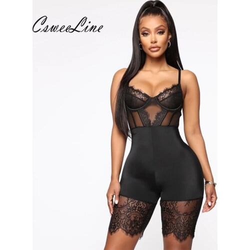 New patchwork lace sexy rompers women hollow out night club body mujer lingrie short jumpsuits chic black bodysuits dropshipping