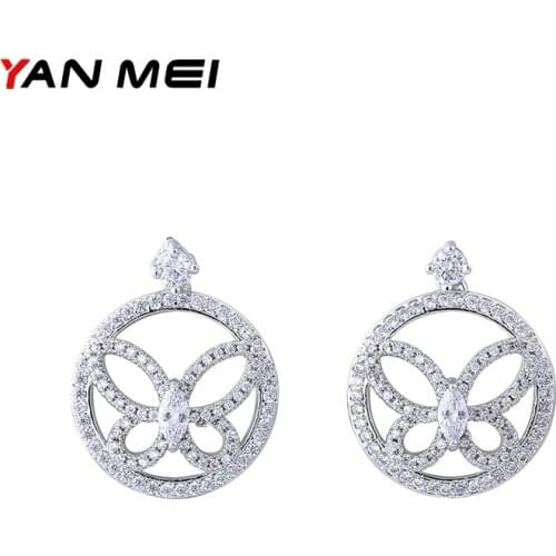 YAN MEI Hot Sale New Style Cubic Zirconia Silver Color Round Butterfly Stud Earrings for Woman Accessories GLE6178