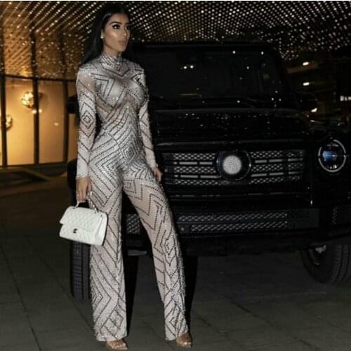 Fashion Sparkly Rhinestones Loose Legs Jumpsuit Sexy Women Birthday Prom Party Luxurious Outfit Stage Bodysuit Singer Costume