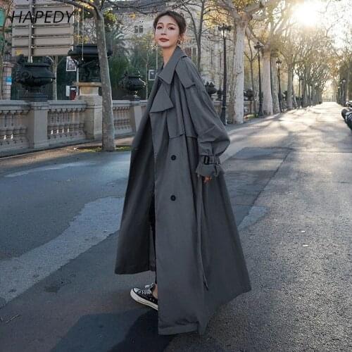 HAPRDY Korean Style Loose Oversized Long Womens Trench Coat Double-Breasted Belted Lady Cloak Windbreaker Spring Fall Outerwear