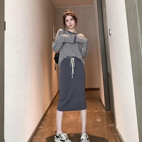Women Summer Casual 2pcs Trend Stripe Long Sleeve Thin Knitted Shirt+Package Hip Plain Midi Skirt Blouse And Skirt Set