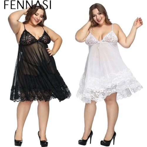 FENNASI Big Size Womens Sexy Erotic Lingerie Lace Hollow Out Dress Pijama Sleepwear See Through Underwear Night Gown