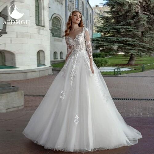 Aedmgh A-Line Wedding Dresses 2021 V-Neck Long Sleeve Vestido De Novia Simple Appliques Customized Bridal Gown Robe De Marige